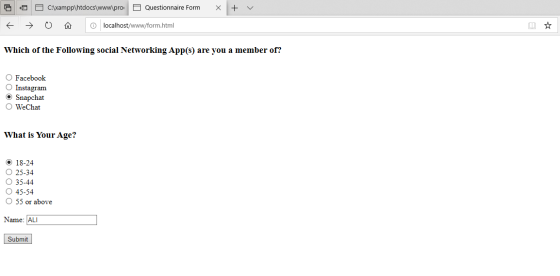 C:\xampp\htdocs\www\pro Questionnaire Form х + 0 o localhost/www/form.html Which of the Following social Networking App(s) ar