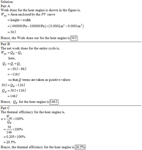 Solution: Part A Work done for the heat engine is shown in the figure is, Wout = Area enclosed by the PV curve = height × wid