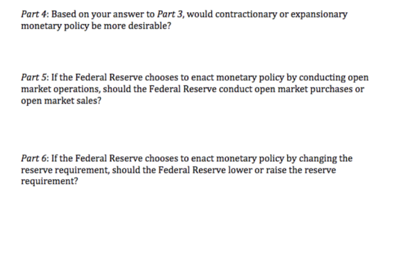 Part 4: Based on your answer to Part 3, would contractionary or expansionary monetary policy be more desirable? Part 5: If th