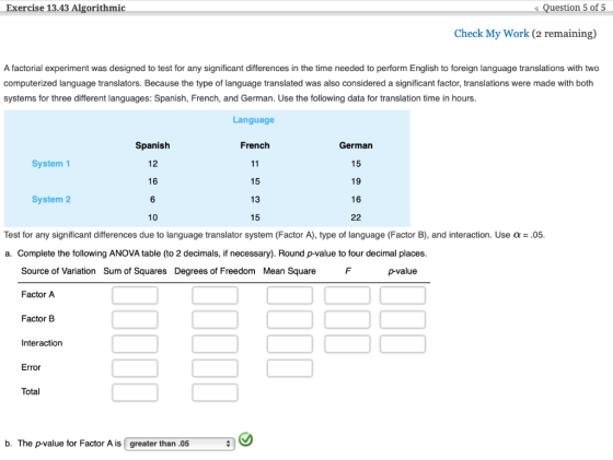 Exercise 13.43 Algorithmic Question 5 of 5 Check My Work (2 remaining) A factorial experiment was designed to test for any si