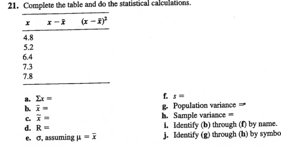 calculations. 21. Complete the table and do the statistical 4.8 5.2 6.4 7.3 7.8 g. Population variance- h. Sample variance i. Identify (b) through (f) by name. j. Identify (g) through (h) by symbo d, R= e. ơ, assuming