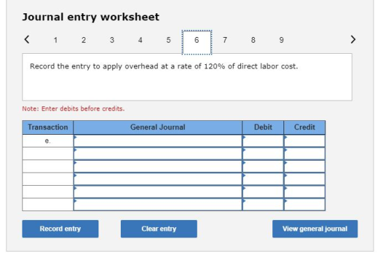 Journal entry worksheet 1 2 3 3 4 5 5 6 6 7 8 9 Record the entry to apply overhead at a rate of 120% of direct labor cost. No