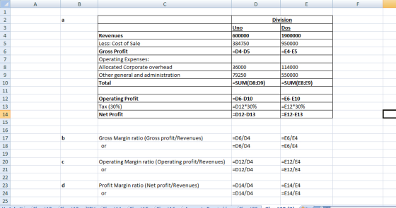Uno 600000 384750 =D4-D5 Division Dos 1900000 950000 =E4-E5 Revenues Less: Cost of Sale Gross Profit Operating Expenses: Allo