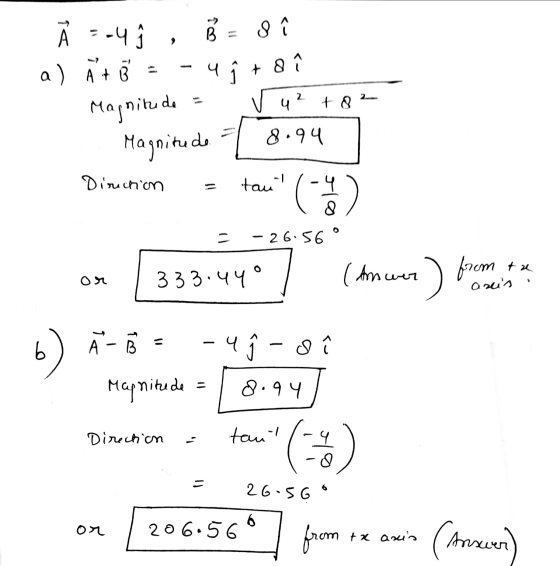 a) A + À = .4 , = 8 - 4 ſ + 8 h Magnitude it v u 42 + 8 8.94 Magnitude Direction taul (8) - 26.56 ta 333.44° (Answer from or