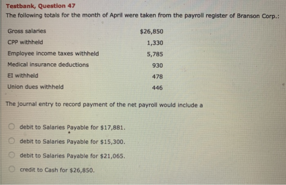 Testbank, Question 47 The following totals for the month of April were taken from the payroll register of Branson Corp.: Gros