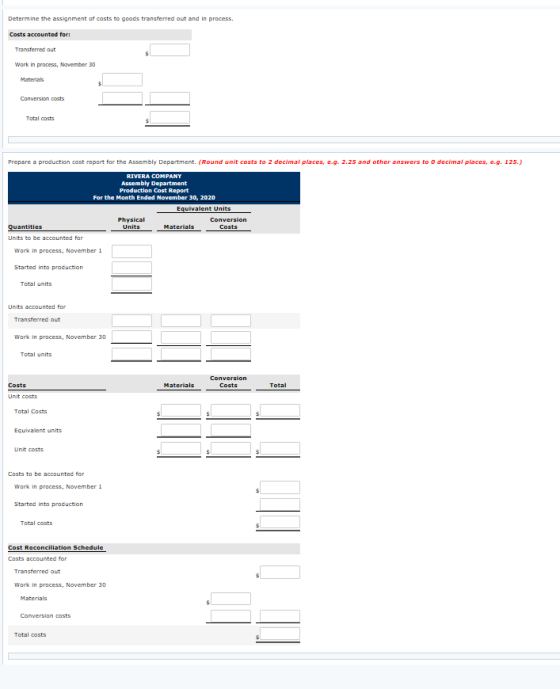 Determine the assignment of costs to goods transferred out and in process. Costs accounted for: Transferred out Work in proce