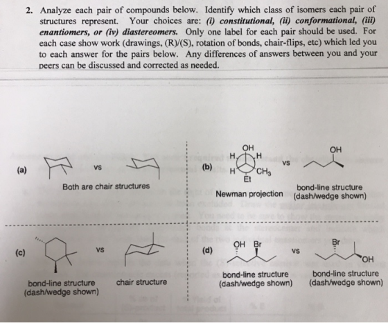 2. Analyze each pair of compounds below. Identify which class of isomers each pair of structures represent. Your choices are: