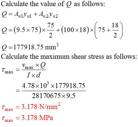 Calculate the value of Q as follows: Q AnAn2 n2 75 18 Q -(9.5x 75)x+(100x18) x 75+ 2 2 Q-177918.75 mm3 Calculate the maximum