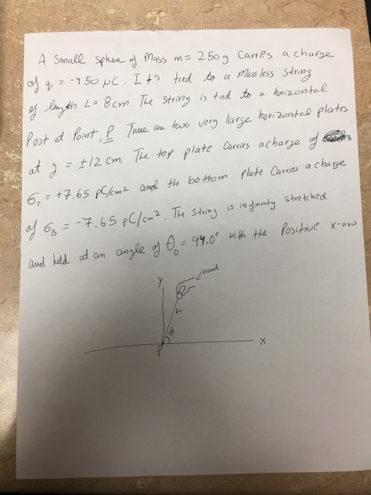 sphere of mass m= 250g Carries a charge to a mass less string A small of q = -450 NC. Its tied of length L= 8cm. The string