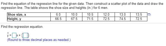 Find the equation of the regression line for the given data. Then construct a scatter plot of the data and draw the regressio
