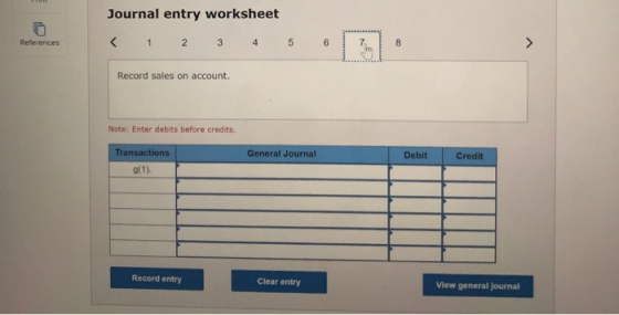 Journal entry worksheet < 1 2 3 4 References 5 6 Record sales on account. Note: Enter debits before credits Transactions Gene