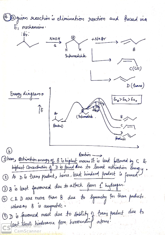 reaction and floceed ina @ giver reaction is elimination Ei mechanisimo By: - NaOH +NaBr 2 Intermediate - C(cis) V D(trans) E