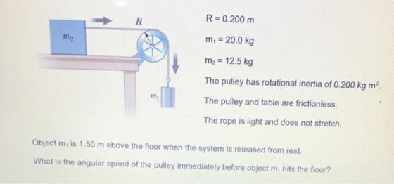 R R = 0.200 m mg m = 20.0 kg m2 = 12.5 kg The pulley has rotational inertia of 0.200 kg m? The pulley and table are frictionl