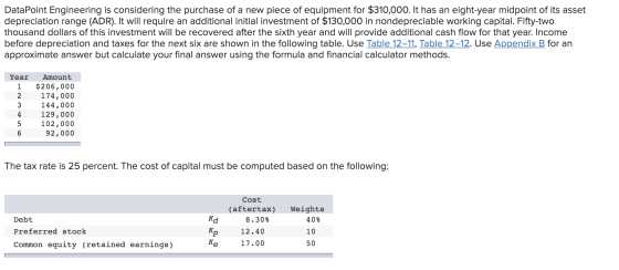DataPoint Engineering is considering the purchase of a new piece of equipment for $310,000. It has an eight-year midpoint of