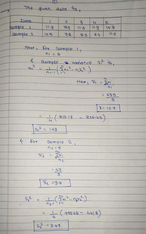 The given data is, I)er 2 3 11.9 5 14.3 13.9 11.5 11.g - Bomple Sample 2 10.5 9.8 8.5 6.7 11.5 Here, for Sample 1 nl - S 4 Ba