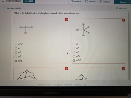 Assignment Score: 1361/2900 Resources Give Up? Feedback Resume < Question 15 of 29 > Attempt 1 What is the hybridization of p