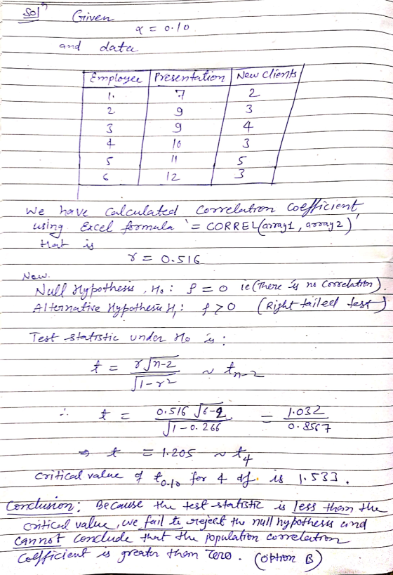 Given Y = 0.10 and data 2 Employce Presentation New Clients 7 2 9 3 3 g 4 + 16 3 5 !! 5 12 3 6 We have calculated correlation