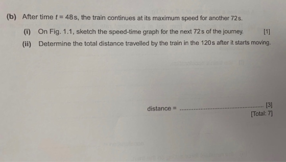 (b) After time t = 48 s, the train continues at its maximum speed for another 72s. (i) On Fig. 1.1, sketch the speed-time gra