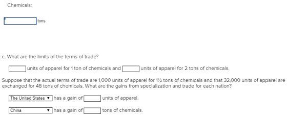 Chemicals: O tons c. What are the limits of the terms of trade? units of apparel for 1 ton of chemicals and units of apparel
