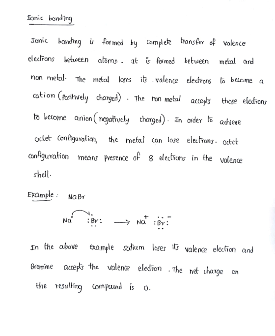Tonic bonding onic bonding is for med by Complete ianfer op valence elecrons betseen atöms at fmed betueen metal and non metal. The metal lares it valence eledFons to beleme a cation (Ponktwely changed) The ron metal acet those eledions to betome anioey chaged) In order tasieve chanqed). Tn order to achieve ctet Configuvation the metal can lose electrons- octet Coniguvation means prerence o 8 eleclsons in shell ExampleNaB n the above example scdium loses it valence election and Bromine accerts the valence eledion Th t chage on the vesulling ompund is o.