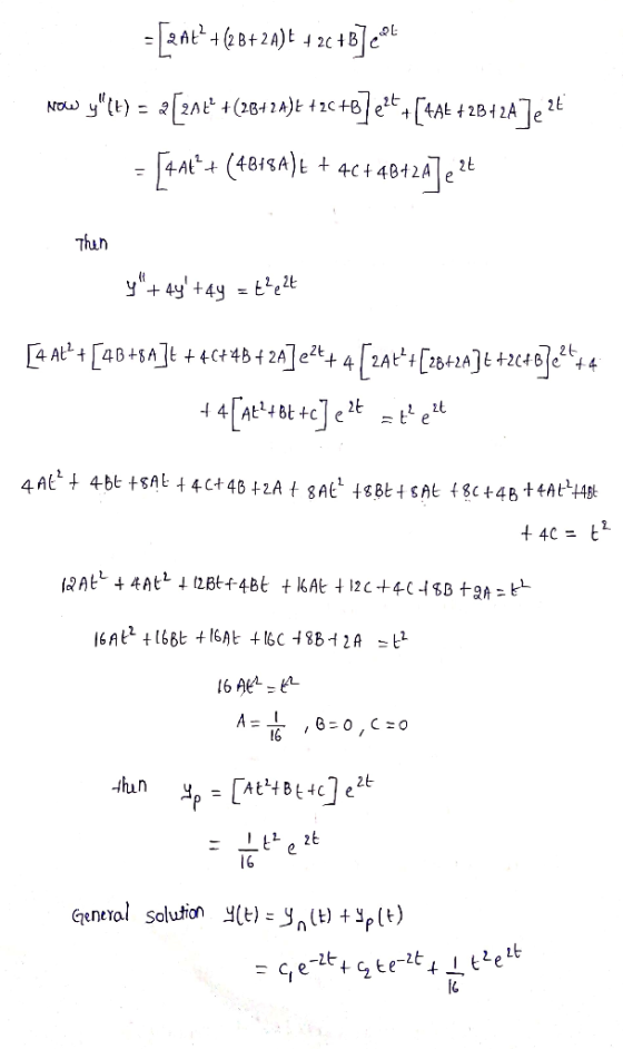 =[20k++ (2 6+ 2A) + 24 +5]C.PL Now y(t) = 2 [20&+ +(264 2A)+ + 2C+57e44+ [+A++ 284 2A]e 25 = [4x4 + (4818A)t + 4C + 40+24]e