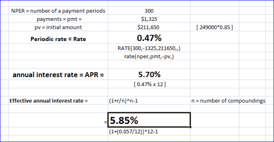 NPER = number of a payment periods payments = pmt = pv = initial amount Periodic rate = Rate [ 249000*0.85] 300 $1,325 $211,6