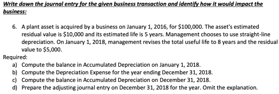 Write down the journal entry for the given business transaction and identify how it would impact the business: 6. A plant ass