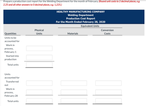 Prepare a production cost report for the Welding Department for the month of February. (Round unit costs to 2 decimal places,