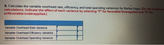 3. Calculate the variable overhead rate, efficiency, and total spending variances for Barley Hopp. (Do not round ya calculati