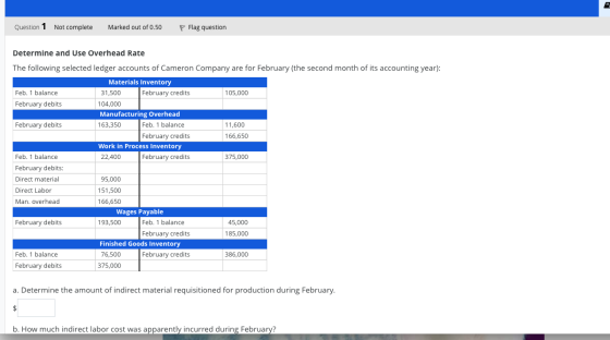 Question 1 Not complete Marked out of 0.50 P Flag question Determine and Use Overhead Rate The following selected ledger acco
