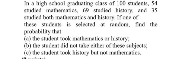 In a high school graduating class of 100 students, 54 studied mathematics, 69 studied history, and 35 studied both mathematic