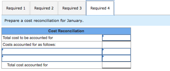 Required 1 Required 2 Required 3 Required 4 Prepare a cost reconciliation for January. Cost Reconciliation Total cost to be a