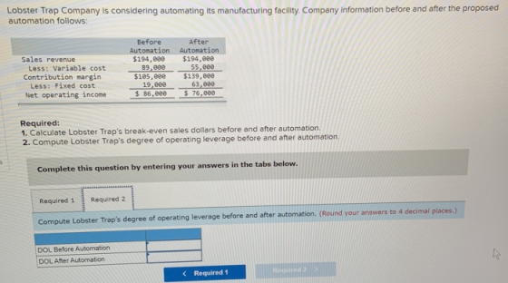 Lobster Trap Company is considering automating its manufacturing facility. Company Information before and after the proposed