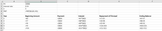 А В D E F 1 PV 10000 2 Interest rate 0.14 3 n 5 -РM (В2, В3,-В1) 4 РМТ 5 Repayment of Principal Payment -$B$4 6 Year Ending B