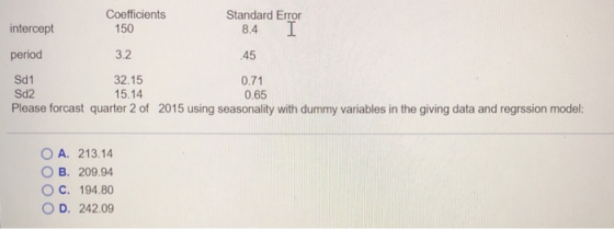 Coefficients Standard Error 8.4 45 0.71 intercept 150 3.2 32.15 period Sd1 Sd2 Please forcast quarter 2 of 15.14 0.65 2015 using seasonality with dummy variables in the giving data and regrssion model: A. 213.14 OB. 209.94 ○ C. 104.80 OD, 242.09