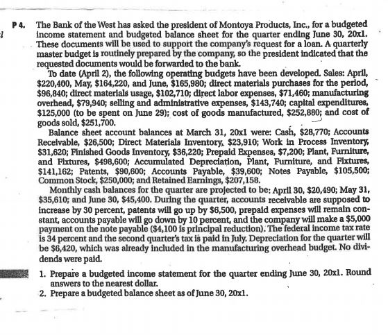 The Bank of the West has asked the president of Montoya Products, Inc., for a budgeted Income statement and budgeted balance