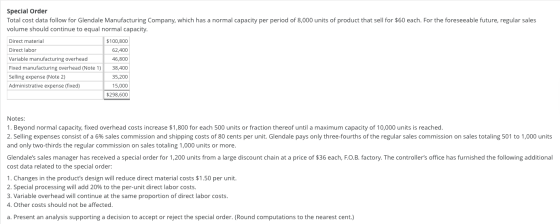 Special Order Total cost data follow for Glendale Manufacturing Company, which has a normal capacity per period of 8,000 unit