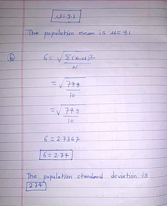 E9.1 The population mean is u= 9.1 6 6= √ {(x-4)2 74.9 to = √ 74.9 6=27367 6= 2.74] deviation is The population standard 2:74