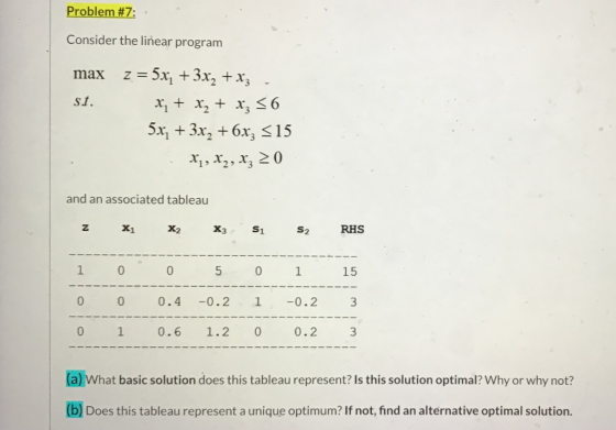 Problem #7: Consider the linear program st. max z = 5x, + 3x2 + xz x + x2 + x3 56 5x2 + 3x2 +6x3 =15 X1, X2, xz 20 and an ass