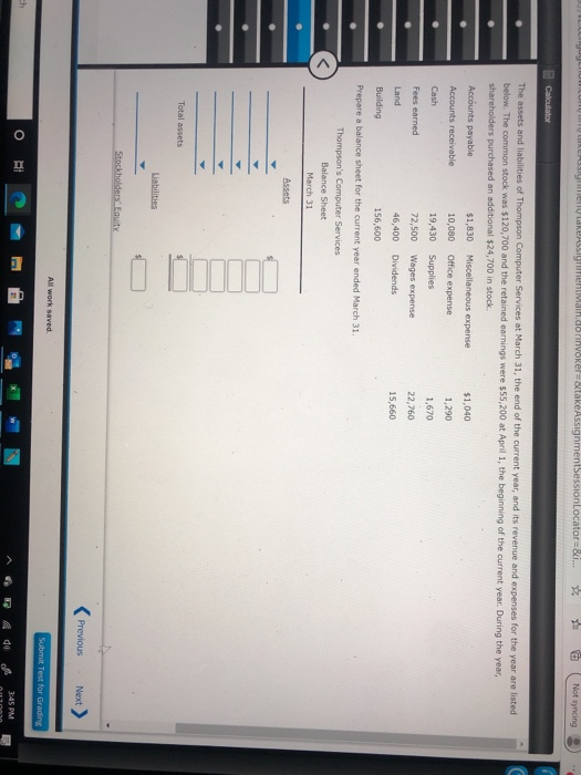 Synedreassigmentai.do/invokeretakeAssignmentSessionLocator=&i... @ Not syncing Calculator The assets and liabilities of Thomp
