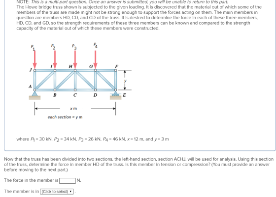 NOTE: This is a multi-part question. Once an answer is submitted, you will be unable to return to this part. The Howe bridge