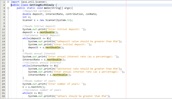 1 2 3 o 4 import java.util.Scanner; þublic class GettingRichslowly { public static void main(String[] args) { // Required var