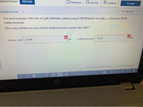 ignment Score: 490/1000 Resources Lt Give Up? Feedback Try Again Question 6 of 10 > Attempt 2 You need to prepare 100.0 mL of