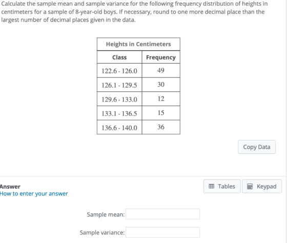 Calculate the sample mean and sample variance for the following frequency distribution of heights in centimeters for a sample