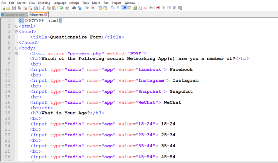 File Edit Search View Encoding Language Settings Tools Macro Run Plugins Window ? LE E > 1 General info.html x form.html x <!