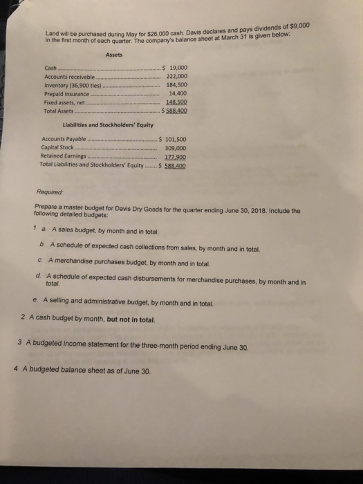 Land will be purchased during May for $26.000 cash. Davis declares and pays dividends of $9,000 the first month of each quart