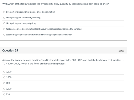 With which of the following does the firm identify a key quantity by setting marginal cost equal to price? two-part pricing a