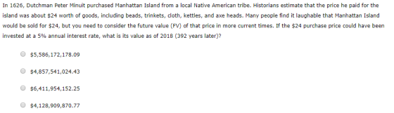 In 1626, Dutchman Peter Minuit purchased Manhattan Island from a local Native American tribe. Historians estimate that the pr