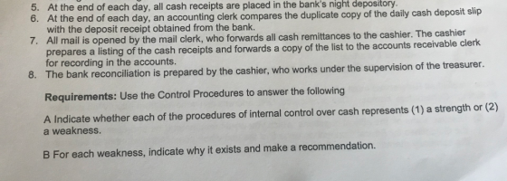 5. At the end of each day, all cash receipts are placed in the banks night depository. 6. At the end of each day, an account