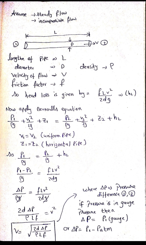 Assume steady flow → incompressible flow ✓ osv @ D 1 long the of Pipe 2 L diameter D density l Velocity of flow friction fact